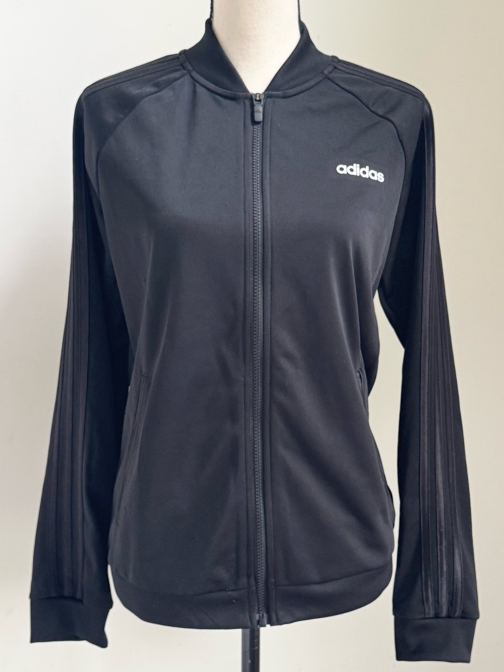 Adidas Women M Black Track Jacket 3 Stripe Full Zip Y2K Streetwear Logo Classic